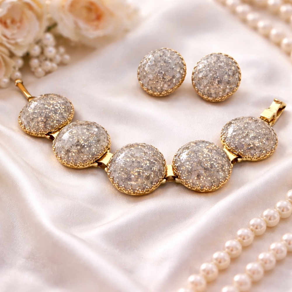 Vintage MidCentury Glitter Lucite Bracelet & Earrings Set Gold Tone Confetti